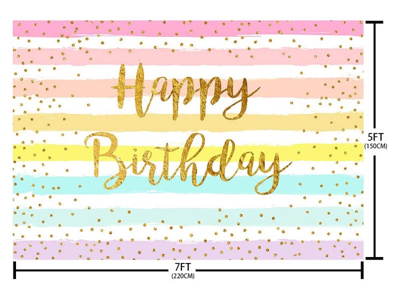 MEHOFOND Rainbow Stripes Happy Birthday Backdrop Party Decoration for Childs Adults Colorful Golden Dot Birthday Photography Background Supplies Banner of Cake Table Studio Photo Props 7x5ft - Image 4